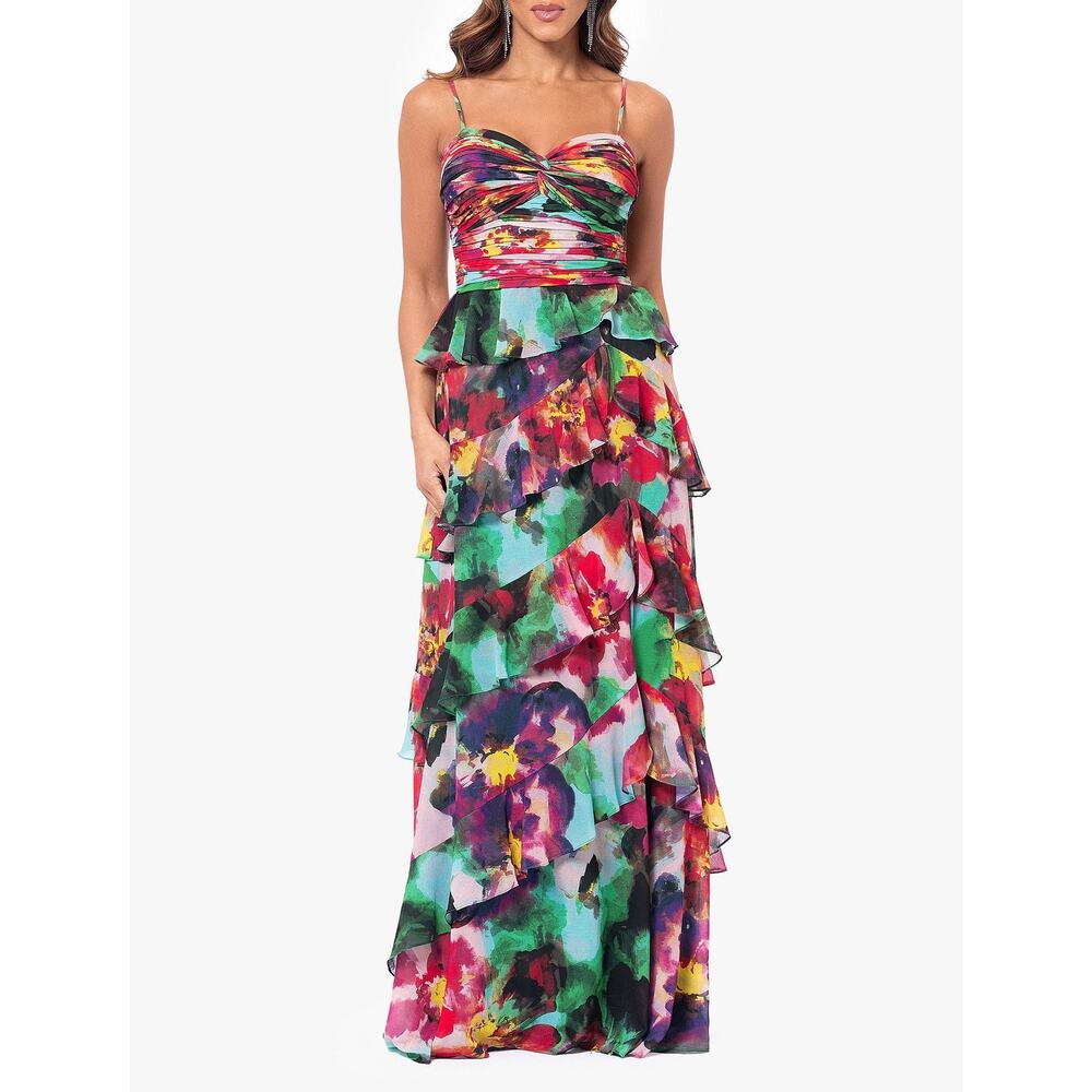 Xscape Multi-Printed Chiffon Sleeveless Tiered Dress Sweetheart Neck Size 14